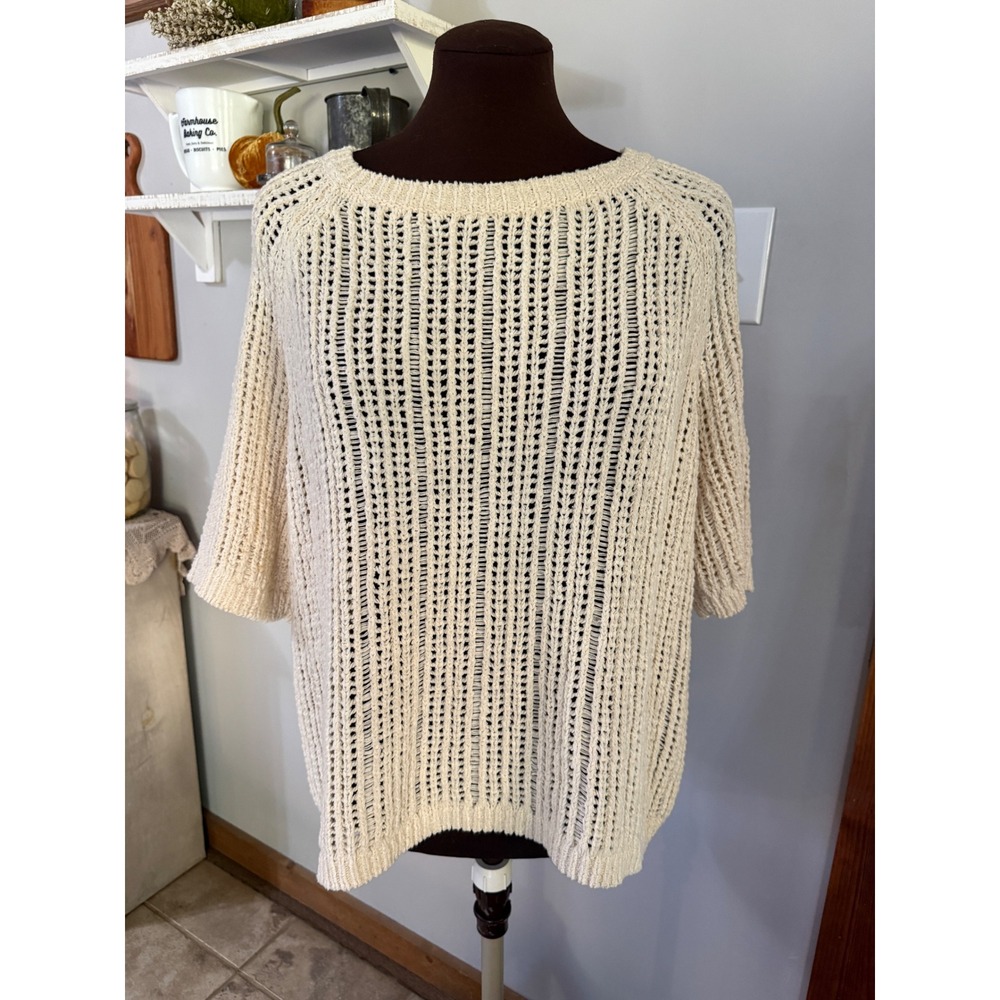 Eileen Fisher Sweater Top L Ivory organic Cotton Open Knit Short Sleeve Pullover